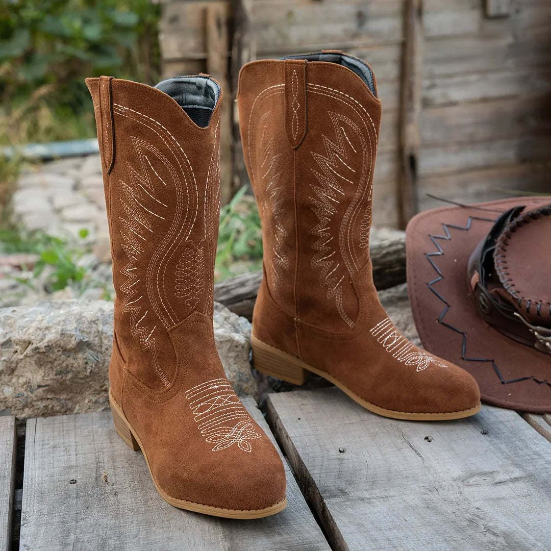 Western Boots For Women | Mid Calf Embroidered Stacked Heel