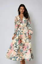Women's Floral Print Midi Dress with V-Neck and Long Sleeves
