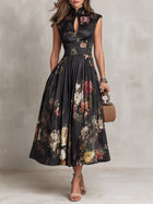 Women's Black Formal Dress | Midi Floral Keyhole Cap Sleeve Satin