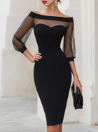Women's Cocktail Dress | Midi Off-Shoulder Sweetheart Sheer Sleeve