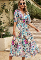 Women's Floral V Neck Midi Wedding Guest Dress