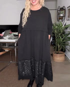 Women's Sequin Dress | Midi Patchwork Round Neck Long Sleeve