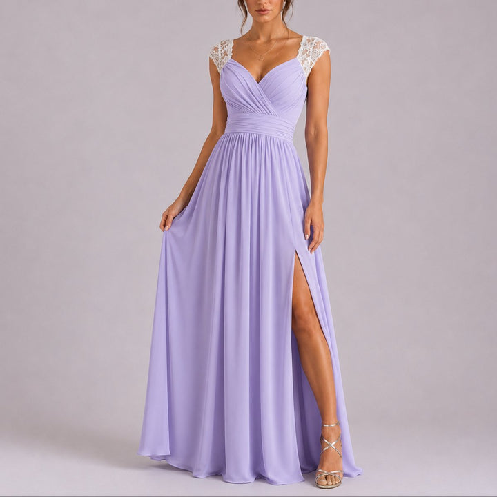 Maxi dress with crossover V-neck and lace shoulders for women