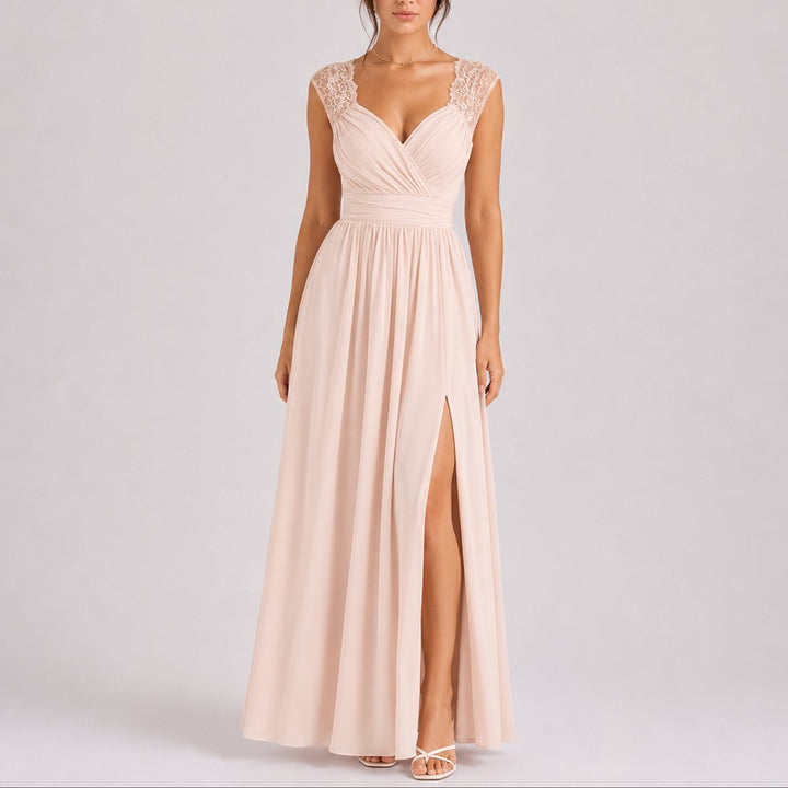 Maxi dress with crossover V-neck and lace shoulders for women