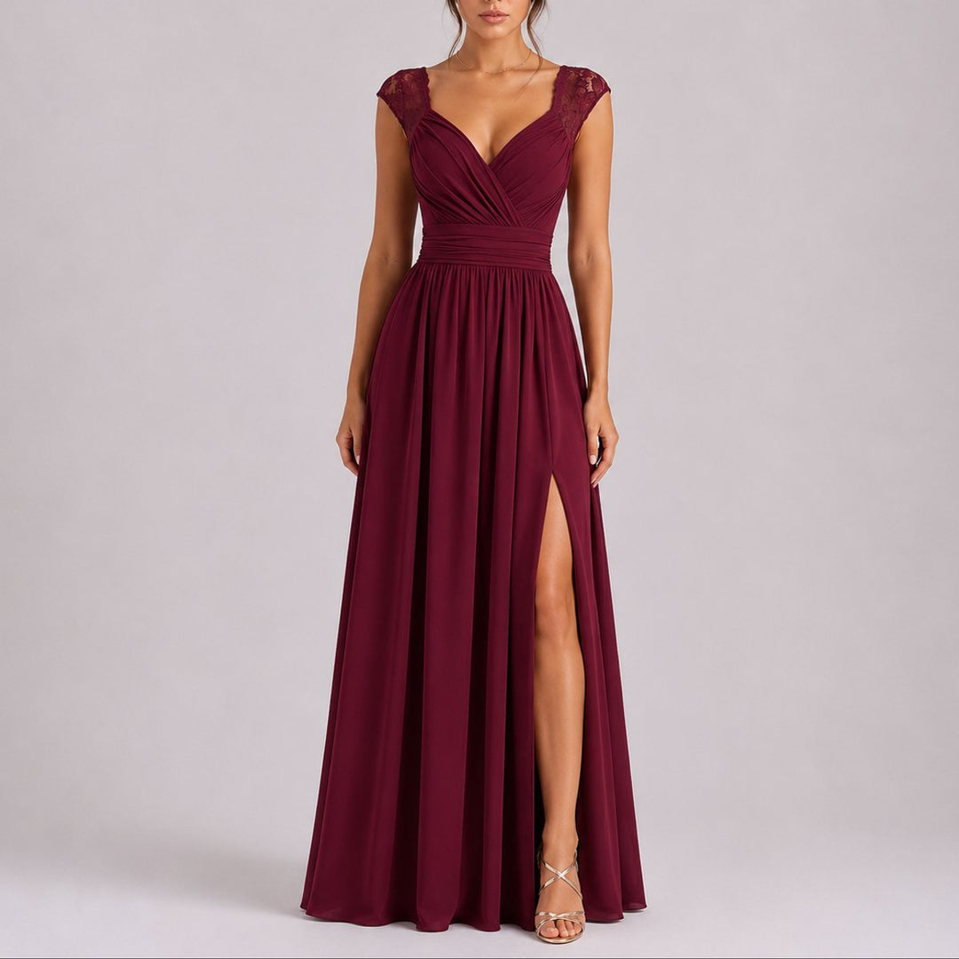 Maxi dress with crossover V-neck and lace shoulders for women