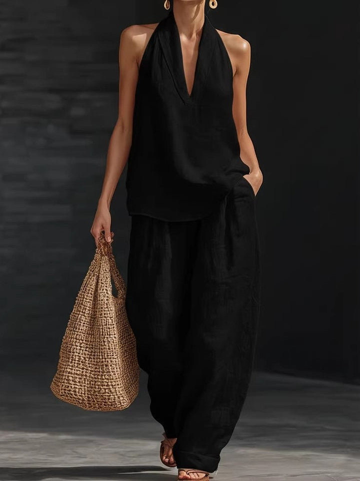 Amelia | Faux Linen V-Neck Top &amp; Wide-Leg Pants Set