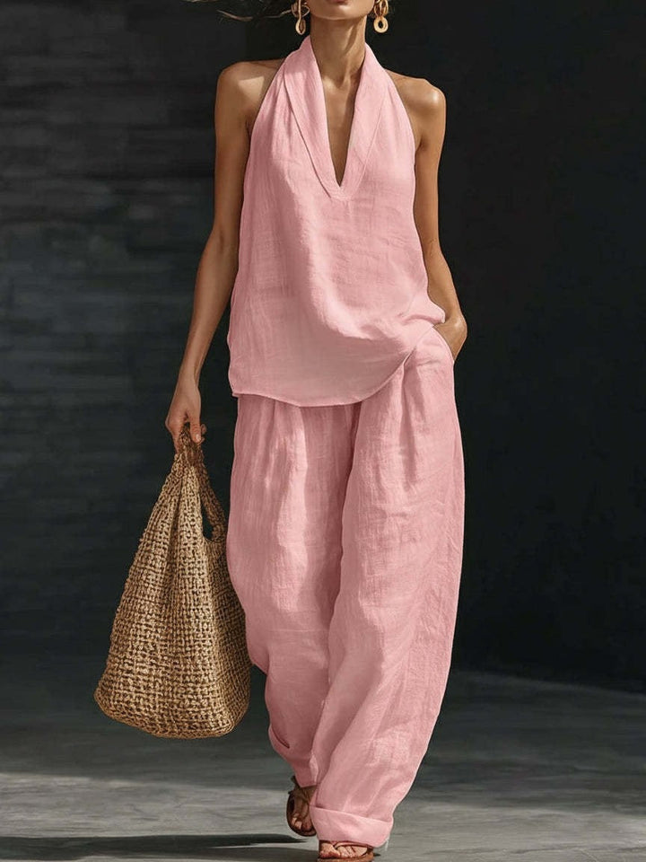 Amelia | Faux Linen V-Neck Top &amp; Wide-Leg Pants Set